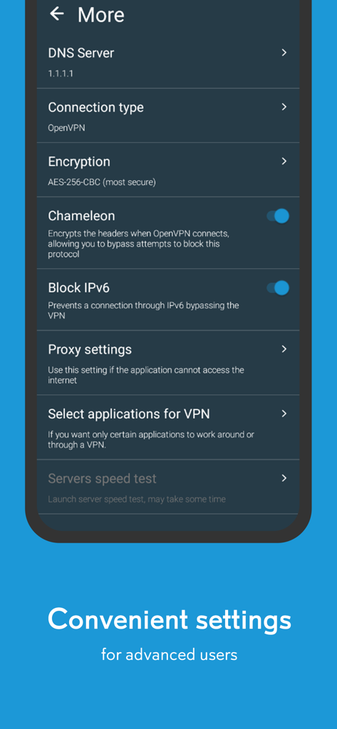Advanced security and configuration settings menu in the hidemy.name VPN app