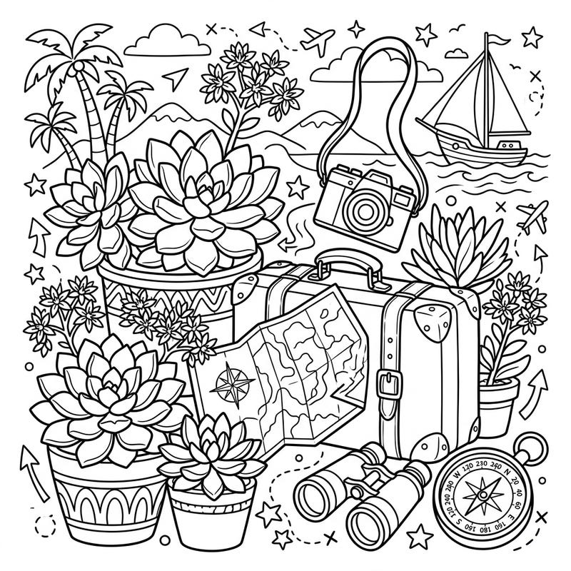 Immerse yourself in a world where lush sedum succulents meet thrilling travel adventures. This captivating coloring page features potted plants, vintage suitcases, maps, and scenic backdrops, perfect for a creative escape.