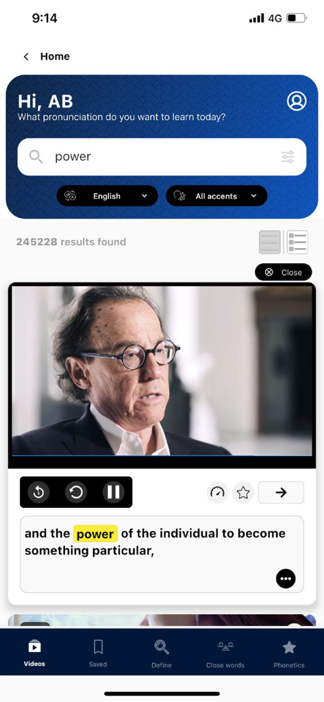 YouGlish - YouGlish mobile app interface displaying a search result for the word power with a native speaker video and captions