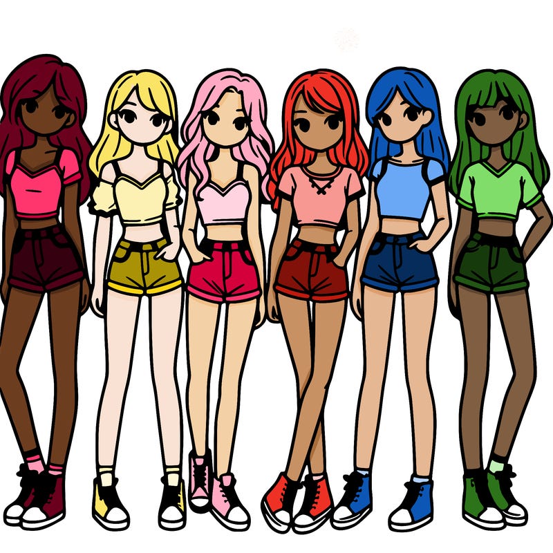 a group of girls wearing crop tops and shorts