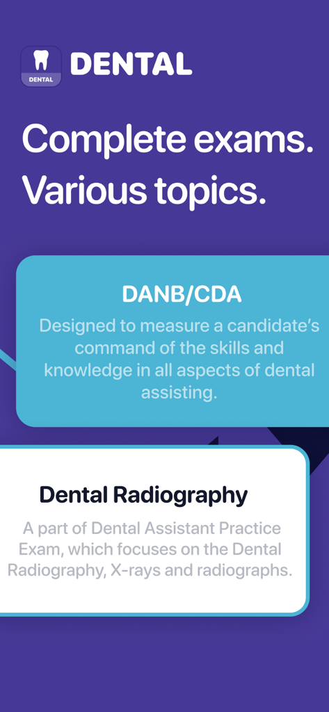DANB CDA Practice Test - Mobile app screen showing study modules for DANB CDA and Dental Radiography exams.