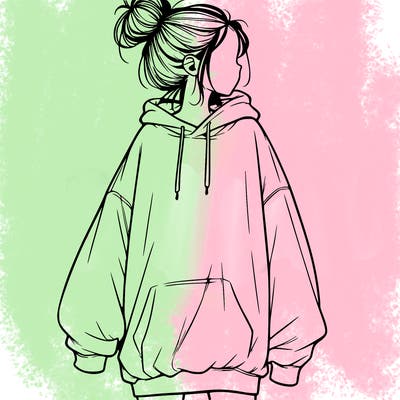 realistic girl with a oversized sweatshirt on and a bun
