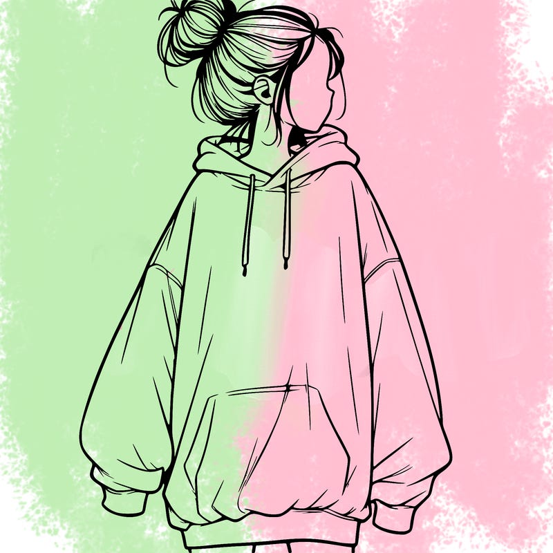 realistic girl with a oversized sweatshirt on and a bun