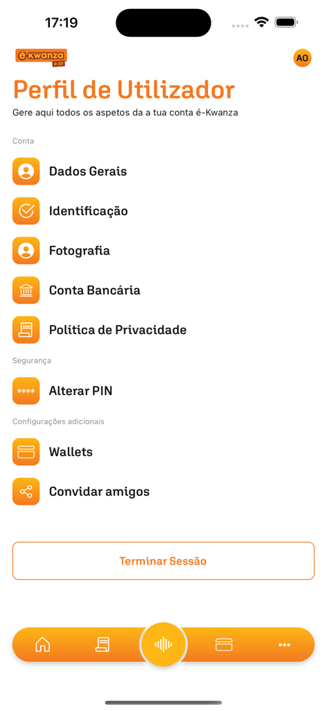 Ecrã de definições de perfil e conta do utilizador da aplicação móvel e-Kwanza, mostrando opções de menu como dados gerais, identificação e definições de segurança.