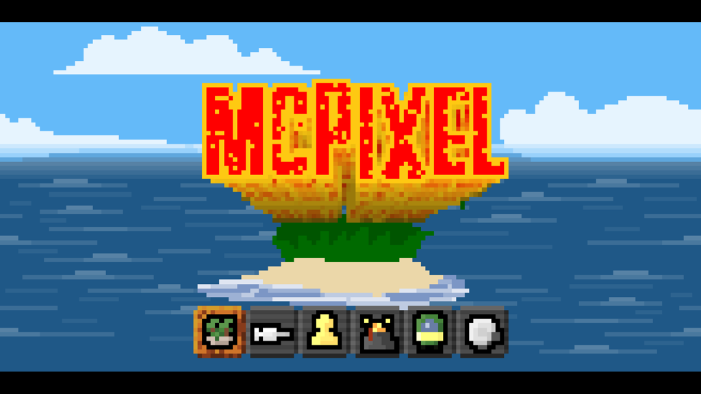 Logo del título de McPixel en estilo retro de 8 bits en una isla tropical
