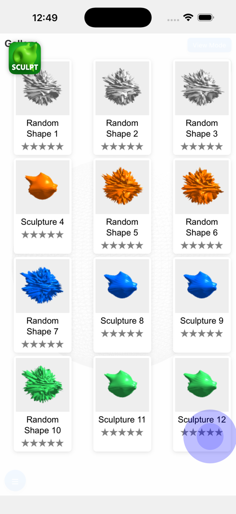 Vue de galerie de l'application Sculpt It affichant une collection de sculptures 3D sauvegardées avec des noms et des notes en étoiles