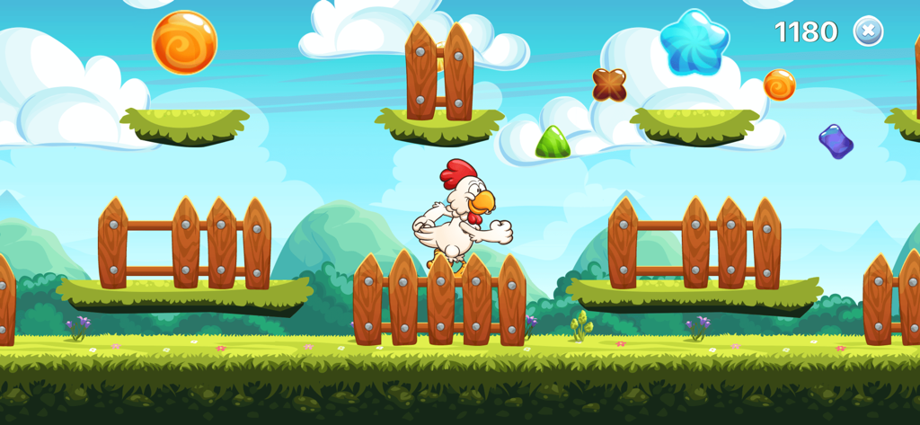 Cartoon chicken running and collecting colorful gems in a kids platformer game