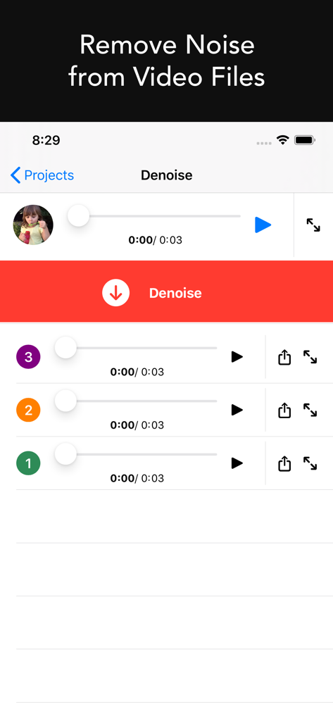 Denoise Audio - Remove Noise - Interfaz de la aplicación Denoise Audio mostrando cómo eliminar ruido de archivos de video con opciones de prueba recursiva.