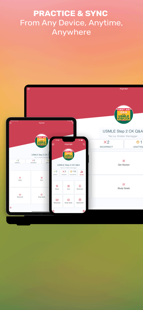 First Aid Q&A USMLE Step 2 CK - Interfaz de la aplicación Primeros Auxilios Preguntas y Respuestas mostrada en pantallas de laptop, tableta y smartphone