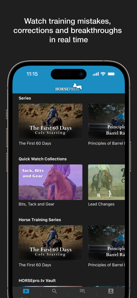 Aplicativo móvel HorsePro TV mostrando categorias para vídeos e séries de treinamento de cavalos western.