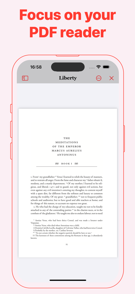 PDF Library app interface showing an ebook reader mode on an iPhone