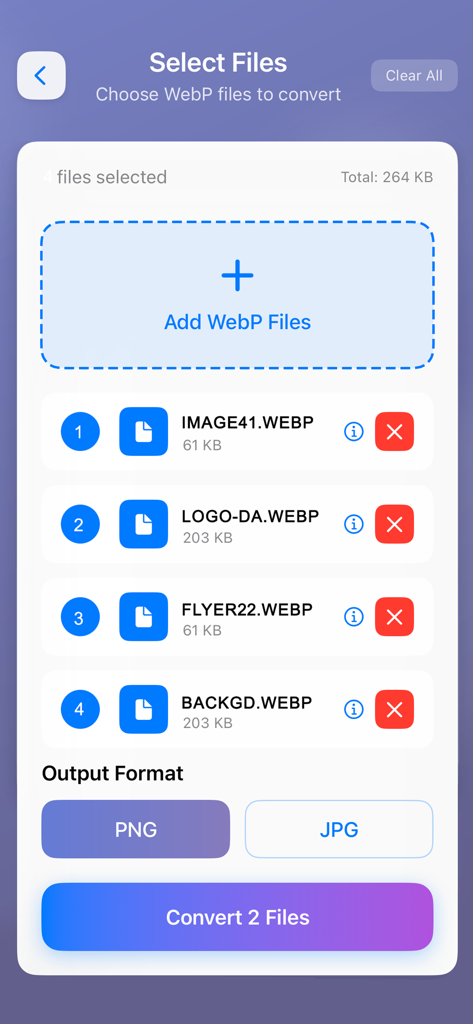 WebP to PNG & JPEG Converter - Schermata dell'app che mostra un elenco di file WebP selezionati per la conversione con opzioni per output PNG o JPEG
