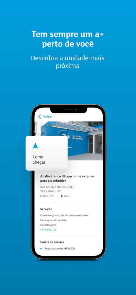 Una pantalla móvil que muestra el localizador de la app a+ con detalles de una unidad médica, incluyendo dirección, servicios y horario.