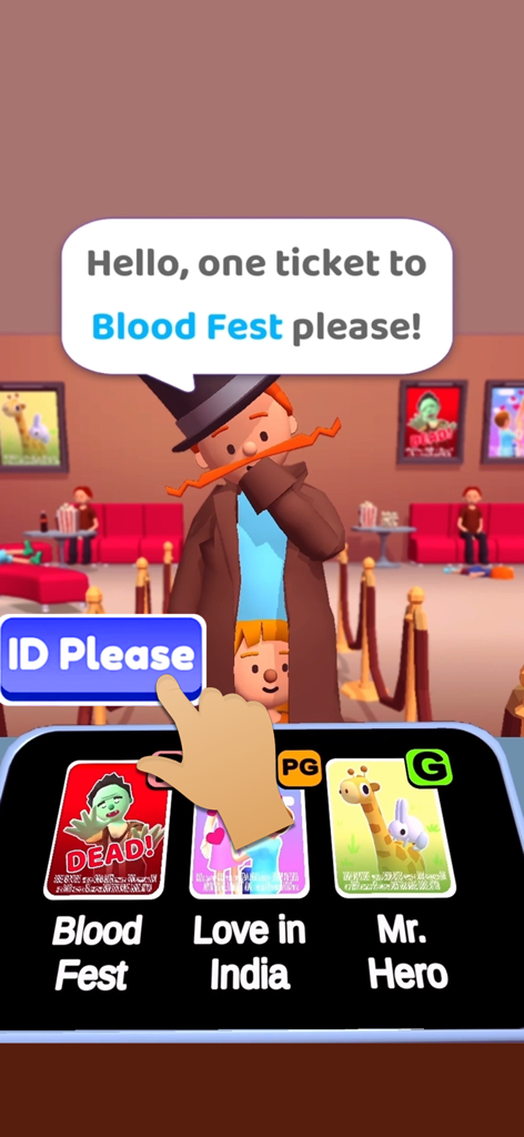 Cinema Tycoon 3D - Gameplay screen of Cinema Tycoon 3D where a player must check the ID of a customer buying a movie ticket.