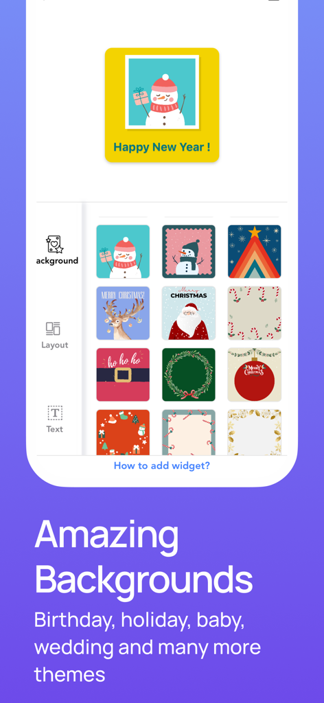 Invitation Maker |Card Creator - Tela do aplicativo Invitation Maker mostrando modelos de fundo festivos para cartões de feriado, incluindo designs de Papai Noel e boneco de neve