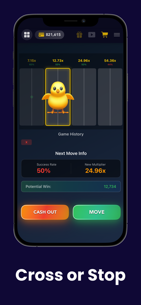 Chicken Cross mini-game interface in the Crash or Cash app featuring a chick character and multiplier options
