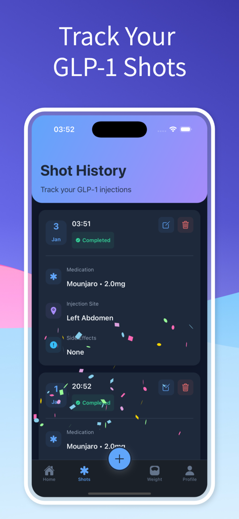 GLP 1 Tracker - Shotwise - Shotwise GLP 1 Tracker app interface showing injection history medication and injection site