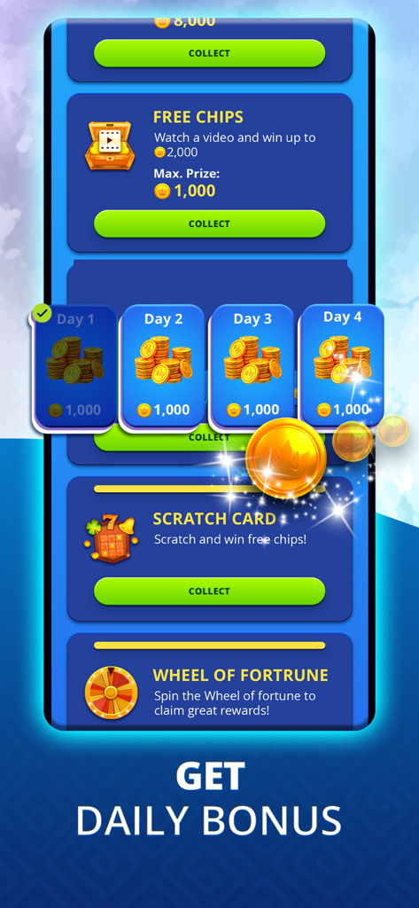 Opa.GR: Tavli, Tichu, Ludo - Ein Screenshot der Opa.GR App, der den Bildschirm für tägliche Boni und Belohnungen mit Münzen und Chips zeigt.