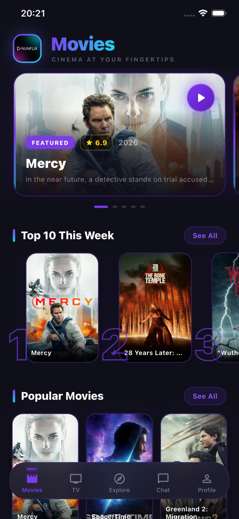 NunFlix Ai Chat - Movies & TV - NunFlix app home screen showing featured and popular movies in a modern dark interface.