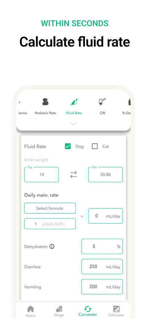 Vet Easy mobile app interface showing a veterinary fluid rate calculator for dogs and cats with weight and maintenance inputs