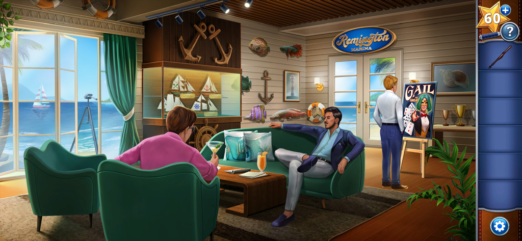 Uma cena de lounge náutico lindamente ilustrada na Marina Remington em Adventure Escape Mysteries.