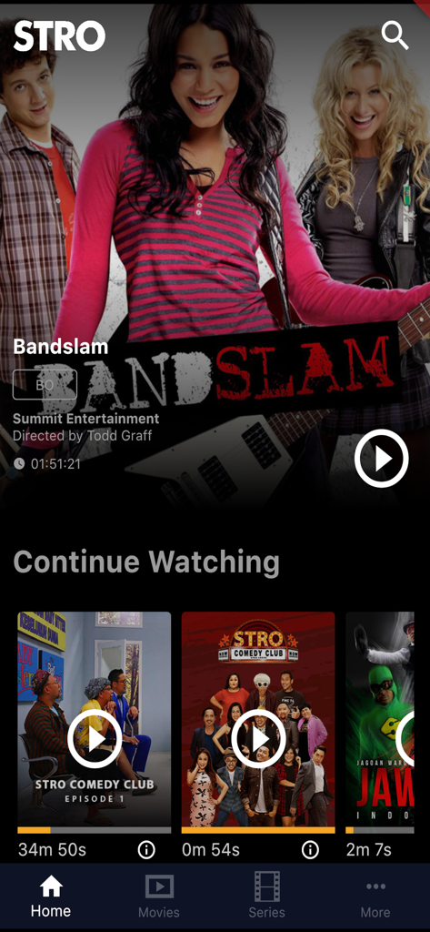 STRO - Écran d'accueil de l'application STRO montrant des films et des séries indonésiens avec une section de reprise de la lecture