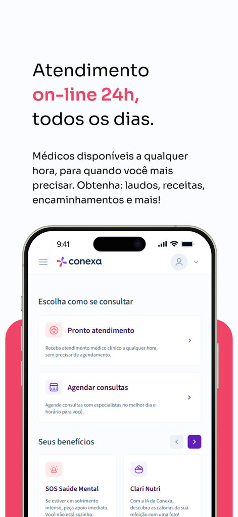 Interface of Conexa Saude app showing options for 24-hour virtual urgent care and medical appointment scheduling.