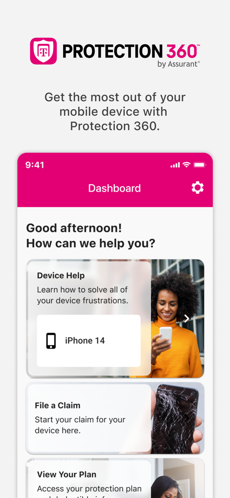 Protection 360 App Dashboard mit Optionen für Gerätesupport, Schadensmeldung und Planauswahl