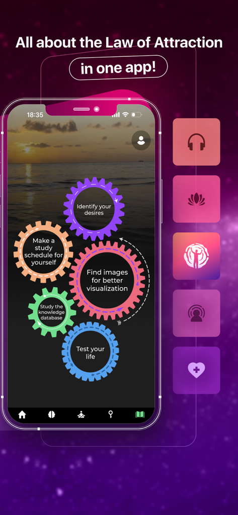 Mind Power: Guided Meditations - Un smartphone mostrando los pasos de manifestación y las características de la Ley de Atracción dentro de la interfaz de la aplicación Mind Power