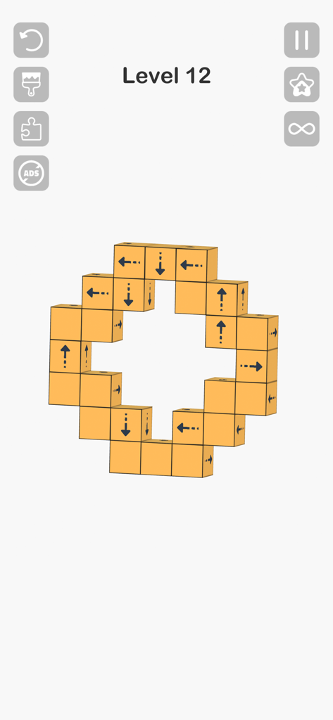 A 3D puzzle made of yellow blocks with arrows in the mobile game Tap Master Take Blocks Away