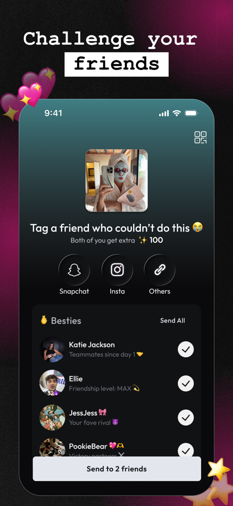 Hyper Challenges - Capture d'écran de l'application Hyper Challenges montrant un utilisateur taguant des amis dans un défi avec des boutons de partage sur les réseaux sociaux et une liste de meilleurs amis.