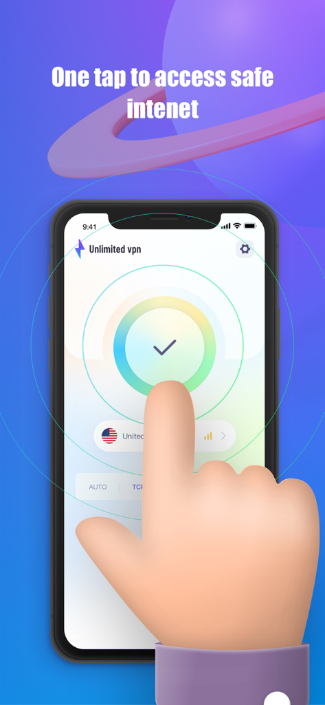 VPN Super: Unlimited Proxy - VPN Super app interface showing a one tap button to connect for safe internet access.
