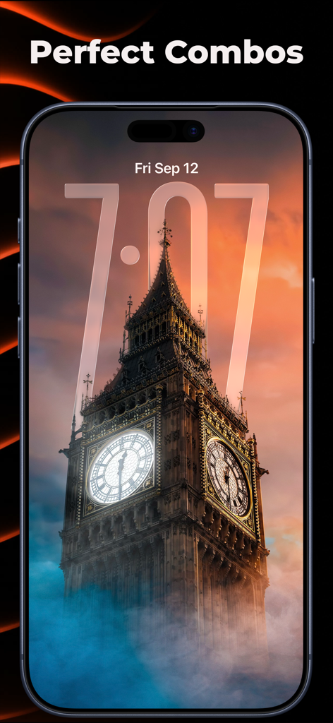 An iPhone lock screen displaying a depth effect wallpaper of Big Ben at sunset with fog.