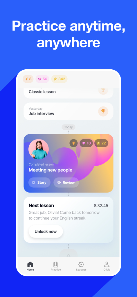 Speak English with Loora AI - Loora AIモバイルアプリのホーム画面、英語のレッスンカテゴリとユーザーの進捗状況を表示。