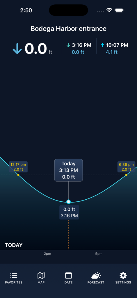 NOAA Tides - Captura de pantalla de la aplicación NOAA Tides que muestra un gráfico visual de mareas y predicciones de nivel precisas para la entrada del puerto de Bodega.