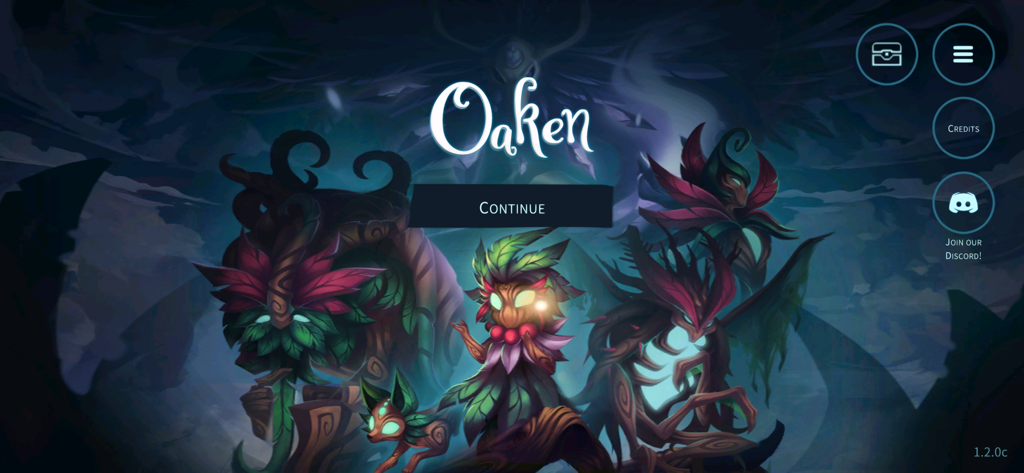 Oaken - Main menu screen of Oaken showing mystical nature spirits and a continue button