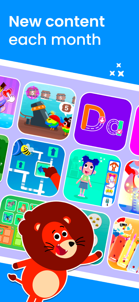 Uma grade de jogos educacionais coloridos para crianças, incluindo matemática e alfabetização, com um mascote amigável de leão