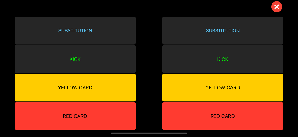 Rugby Scorebook app interface for tracking substitutions kicks yellow cards and red cards during a game