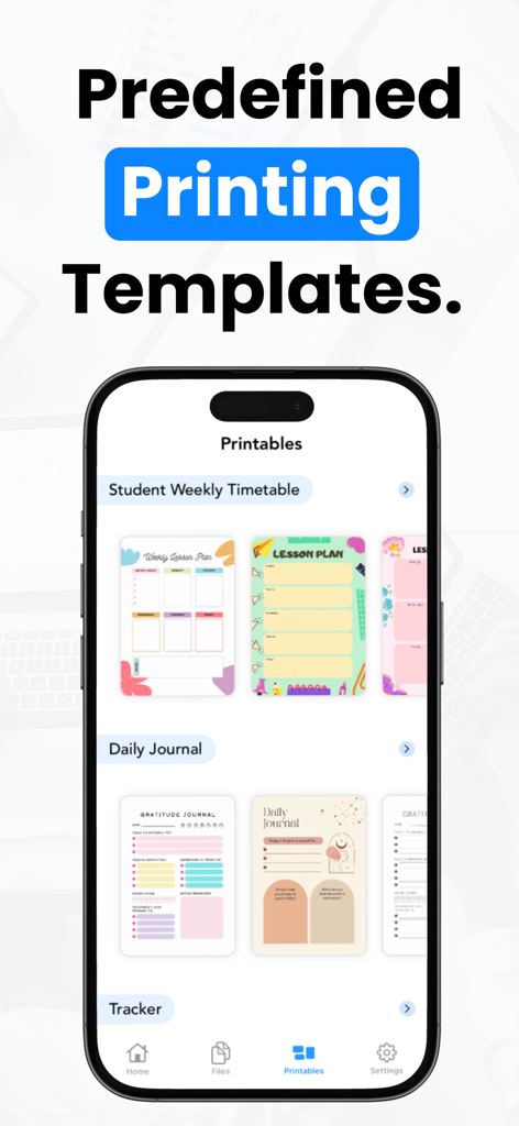 iPrint: Smart Printer App - Interfaz de la aplicación iPrint mostrando plantillas de impresión predefinidas, incluyendo planes de lecciones, diarios diarios y rastreadores.