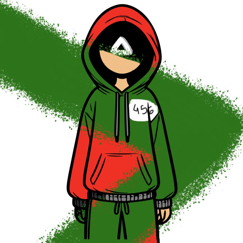 faceless girl in a tracksuit with a hood on and no hair