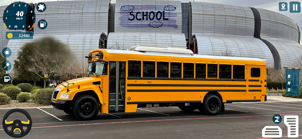 School Bus Driving Game 3D - Side view of a yellow school bus in a parking lot with mobile game interface overlays