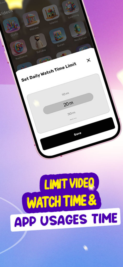 Interface of Kahf Kids app showing the daily watch time limit setting for children screen time management.