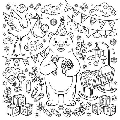 Get ready to celebrate a new arrival with this heartwarming polar bear baby shower coloring page! It features a cheerful polar bear surrounded by adorable nursery items, perfect for a joyful coloring experience.