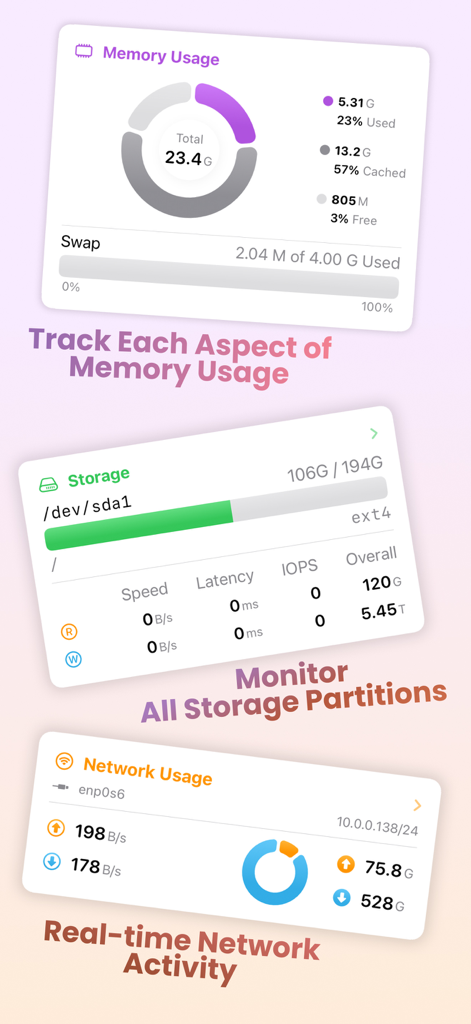 SwiftServer - Monitoring & SSH - SwiftServer app interface showing real-time server monitoring for memory, storage, and network activity.