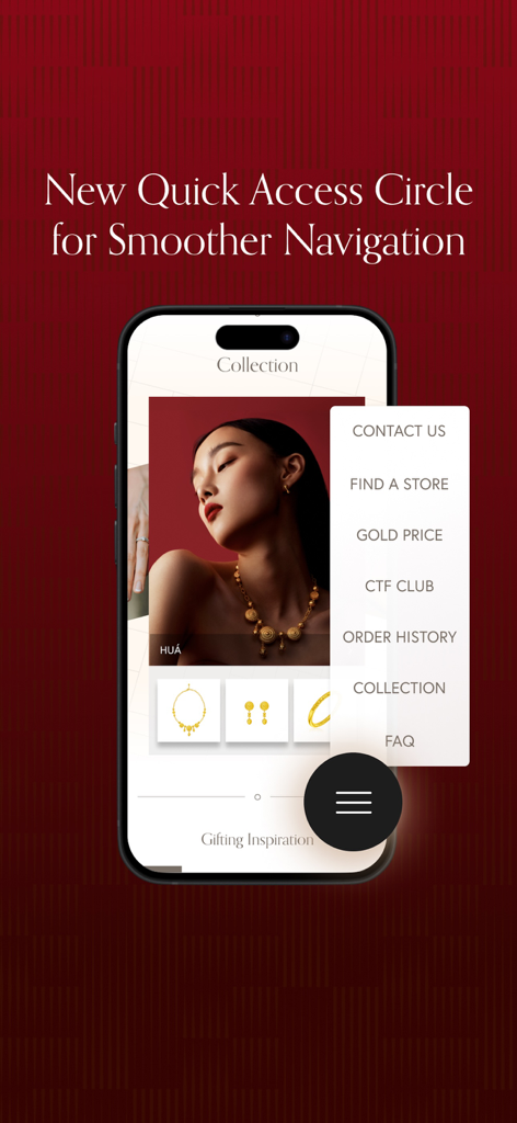 Smartphone que muestra la interfaz de la aplicación CTF Club con un menú de navegación de acceso rápido superpuesto a una colección de joyería de oro de lujo