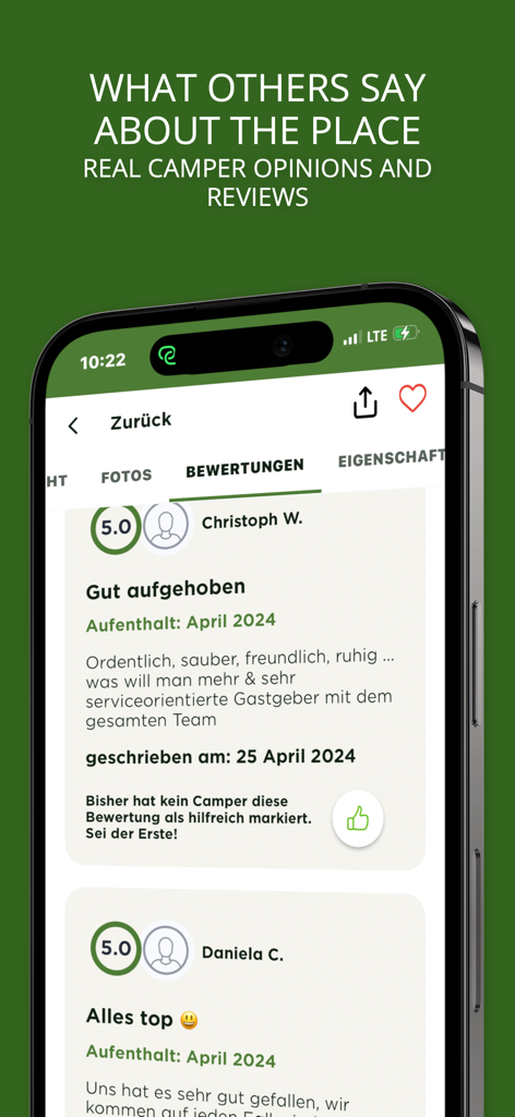 Screenshot of the camping.info app showing real camper opinions and 5-star reviews for campsites.