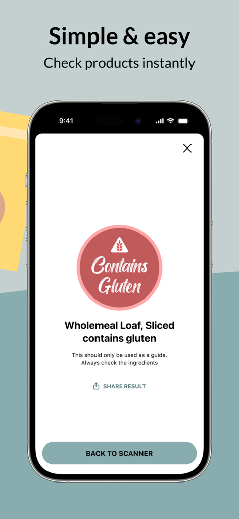 Gluten Free Scanner mobile app displaying a red contains gluten warning after scanning a wholemeal loaf