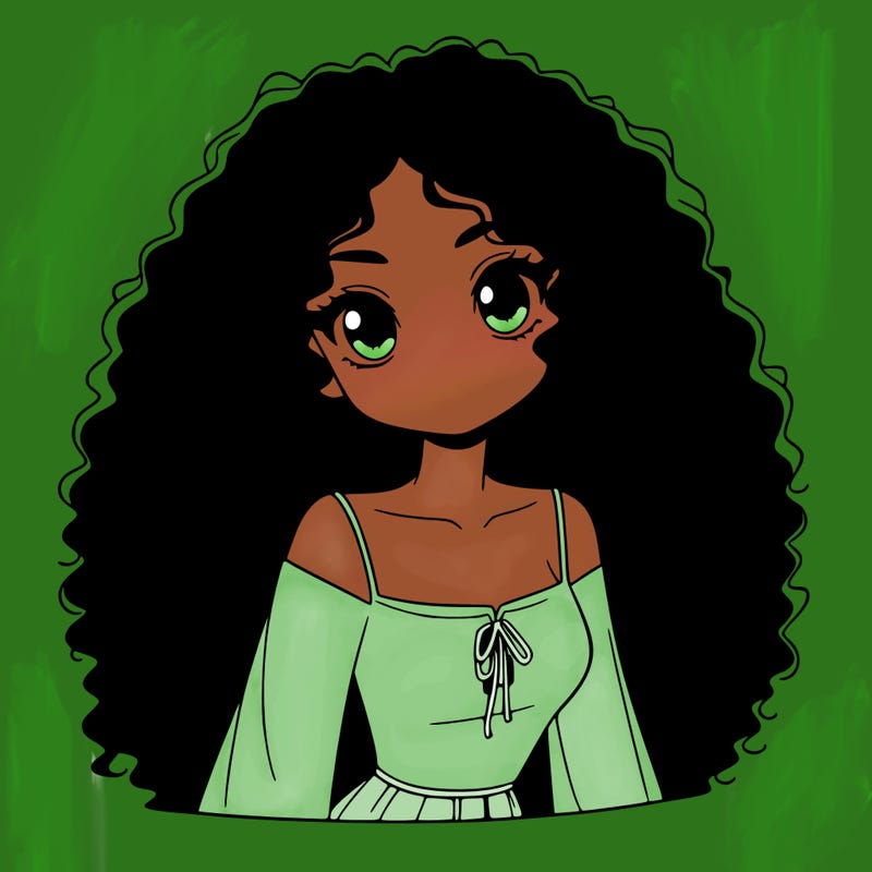 a black anime girl with long afro hair