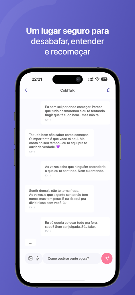 스마트폰에 표시된 ColdTalk 앱 채팅 인터페이스: 개인적인 감정 지원 및 털어놓기 기능