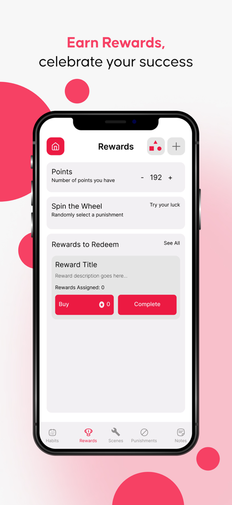 mysub: A BDSM Habit Tracker - The rewards screen of the mysub BDSM habit tracker showing point totals and redemption options.